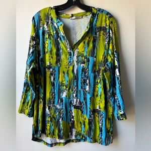 Snoskins V-Neck Abstract Print Tunic in Lime Green & Teal